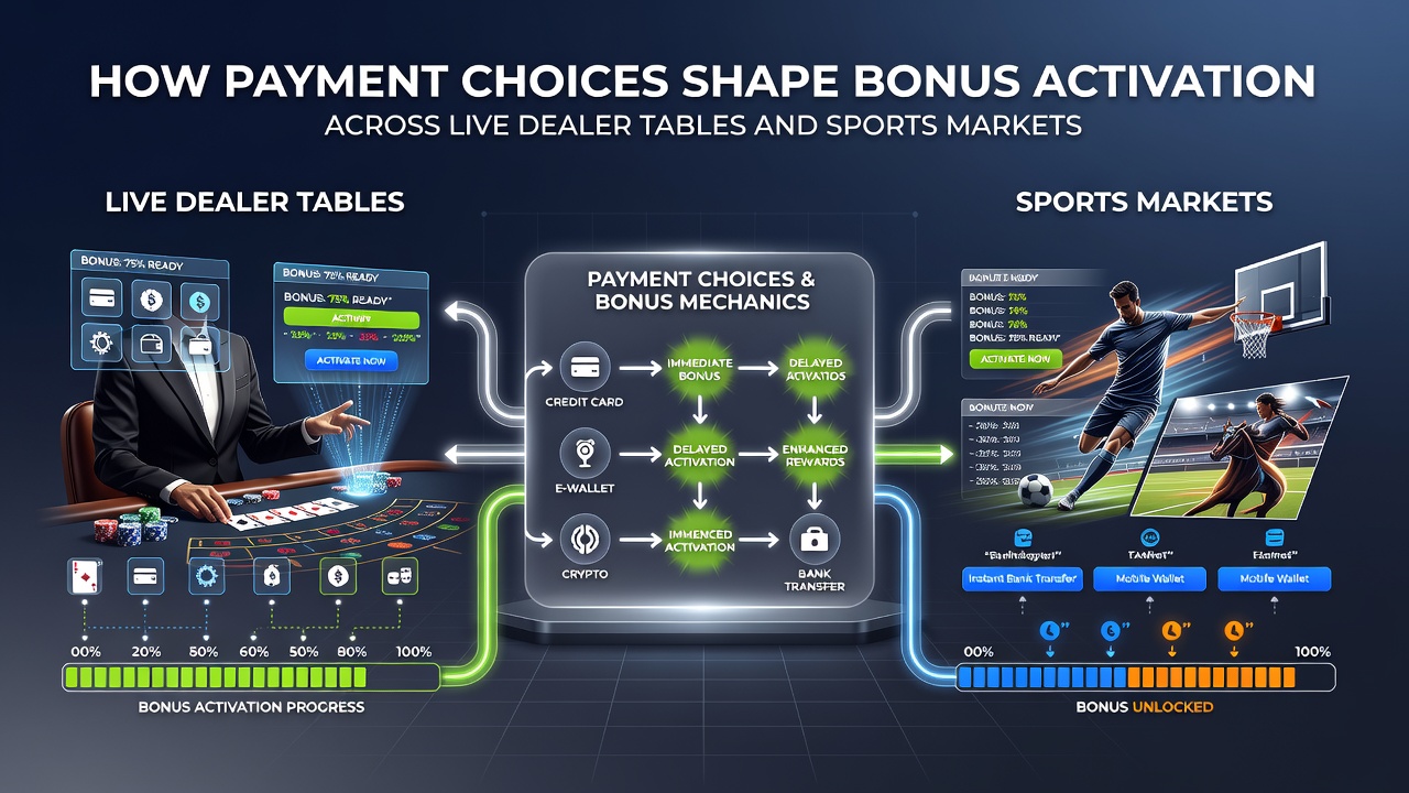 Diagram showing payment flow into live dealer bonus activation and sports market promotions
