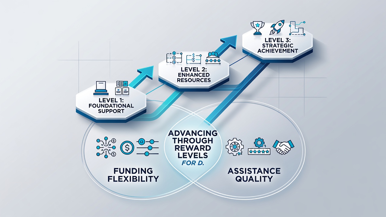 Diagram depicting reward level progression pathways influenced by transaction speed and support response times