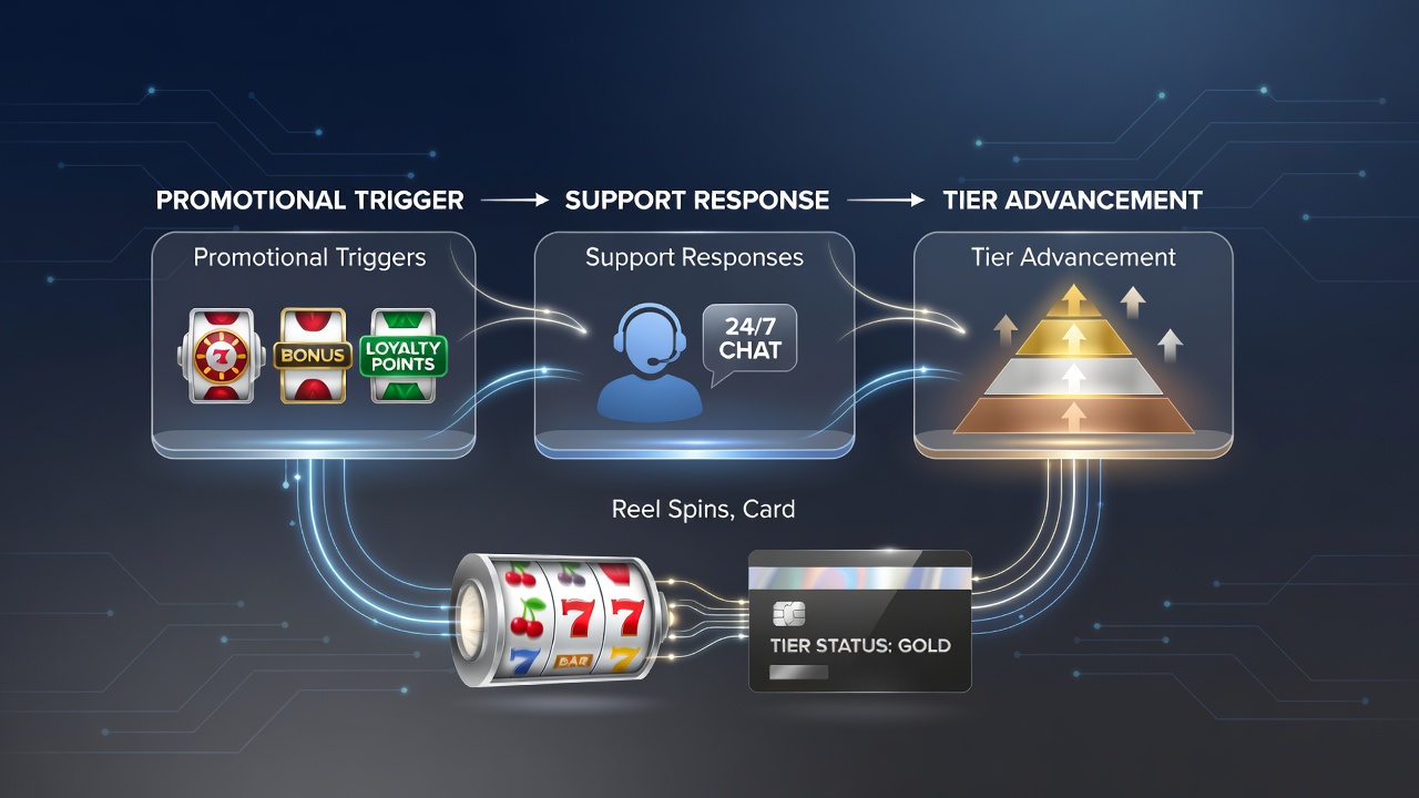 Detailed view of support response flows and promotional trigger points in loyalty programs