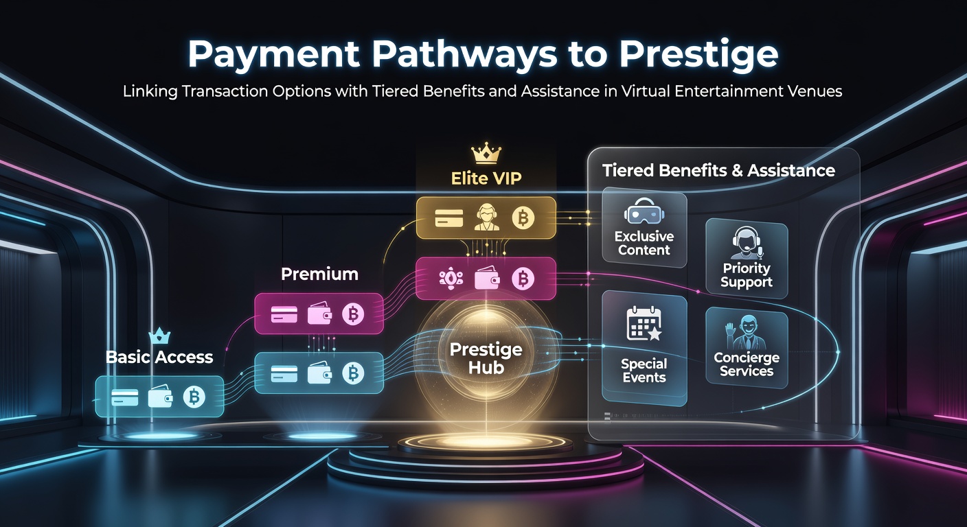 Digital interface showing payment options connected to tiered benefits in virtual entertainment venues