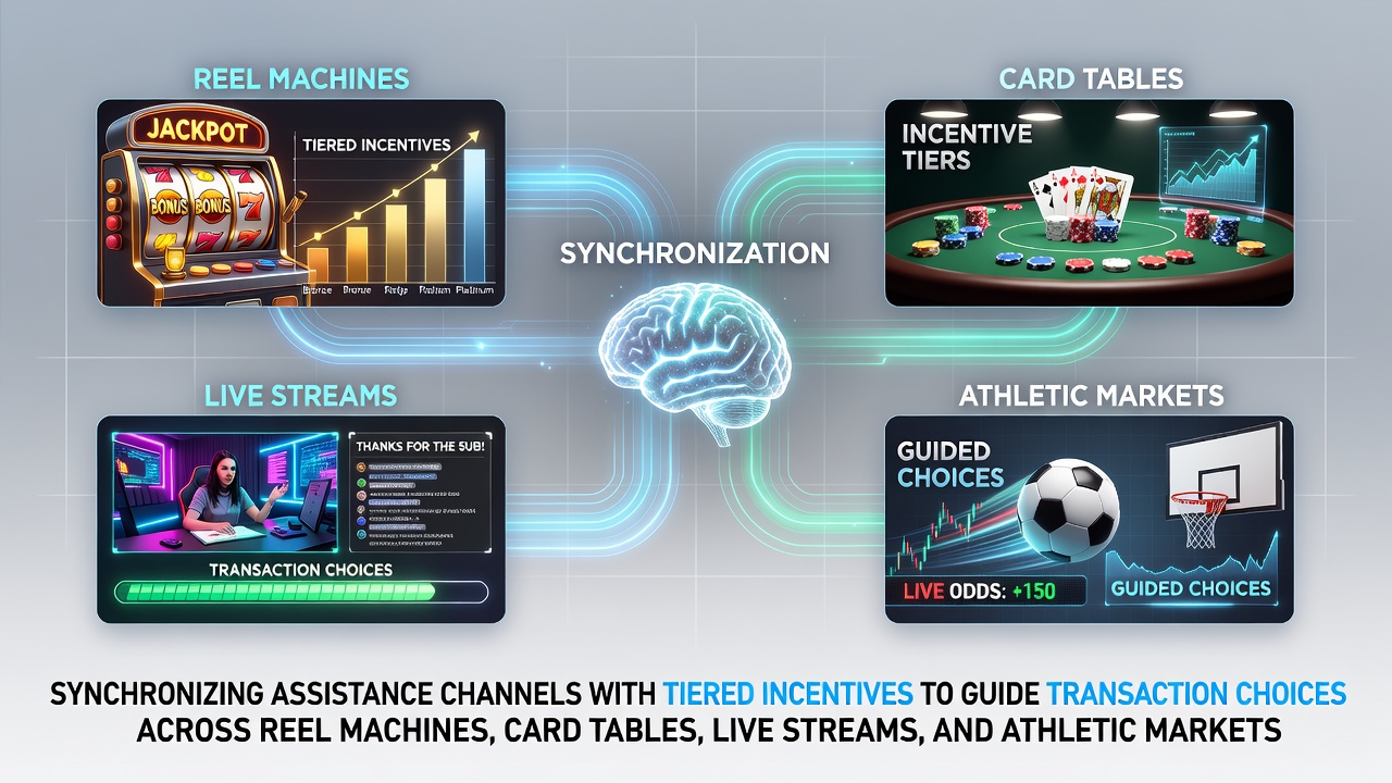 Illustration of synchronized assistance channels and tiered incentives guiding transactions in slots, tables, live streams, and sports markets