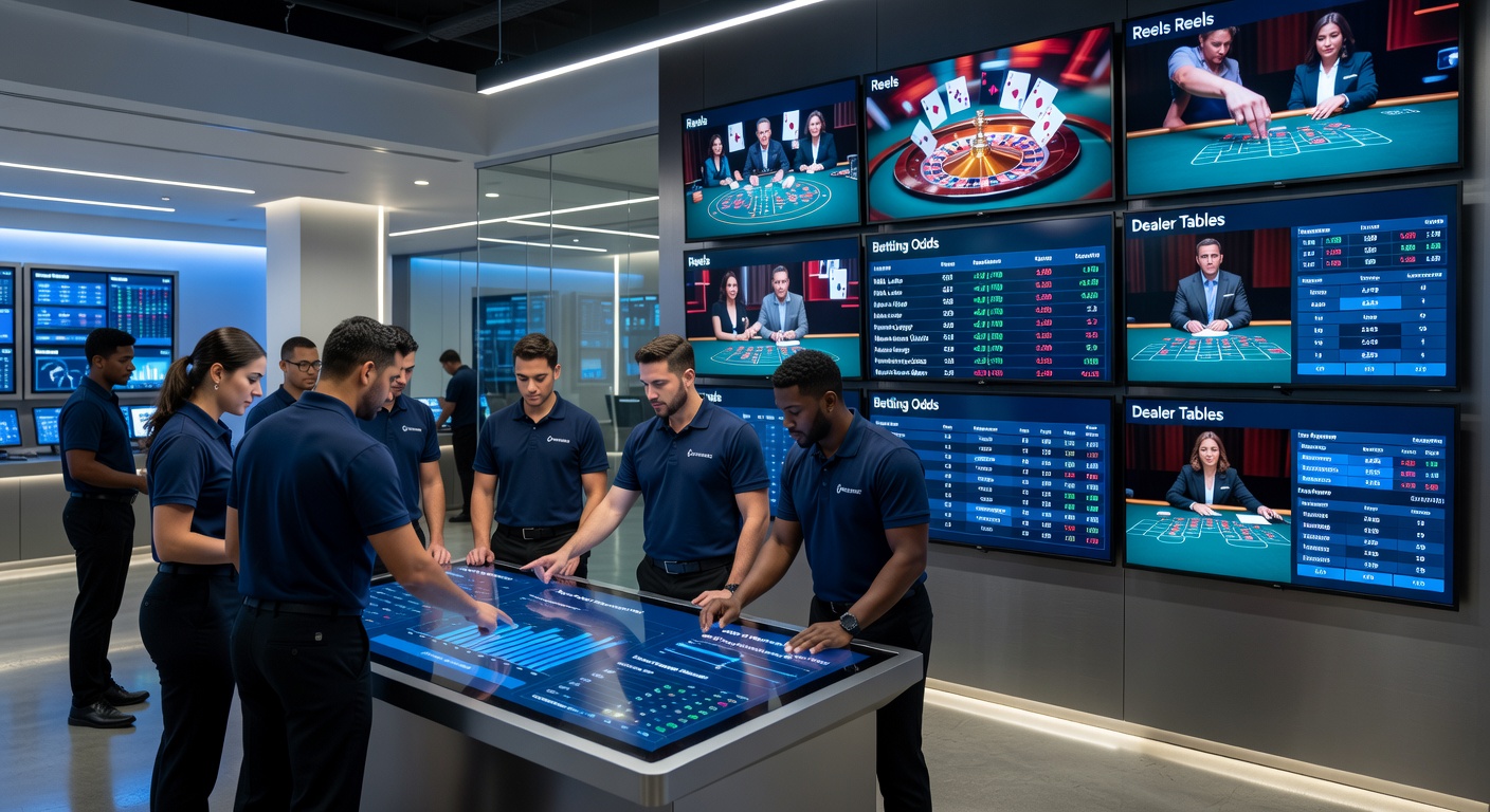 Illustration of integrated customer support and VIP program interfaces on a digital gaming platform featuring slot reels, live dealer tables, and sports betting odds displays
